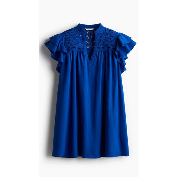 H&M Royal Blue Flutter Sleeve Lace Detail Lightweight Mini Dress Women's XS NEW - Picture 1 of 7